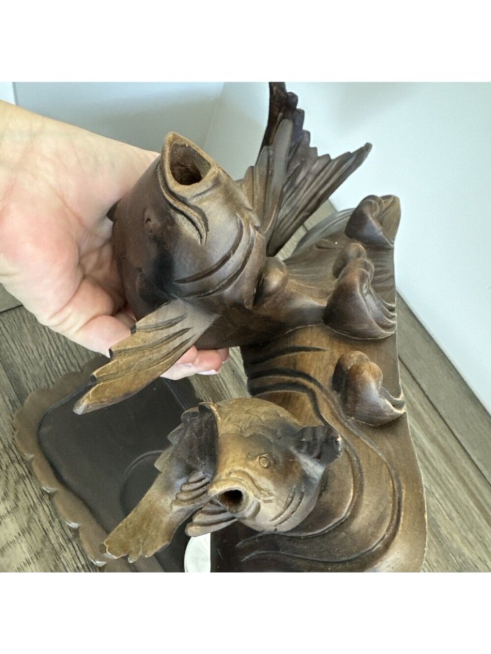 Smoking Carp Leaping Over The Dragon Gate Boxwood Hand Carved Vtg Decor Candle - Picture 9 of 16